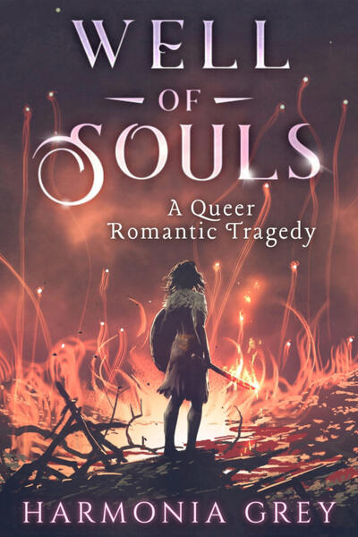 The cover art of Well of Souls by Harmonia Grey is a muscular warrior woman holding a sword and flaming sword while standing amongst flaming ruins with soul lights raising to the heavens around her.